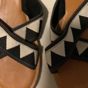 TOMS Black & White Geometric Slide Mules with Tan Footbed